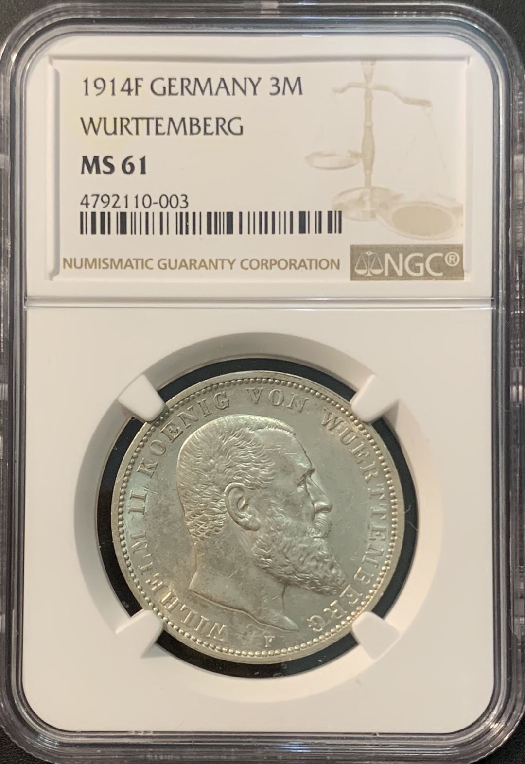 紫瑗钱币—微拍第78期  德国 符腾堡 1914年 3马克 NGC MS61
