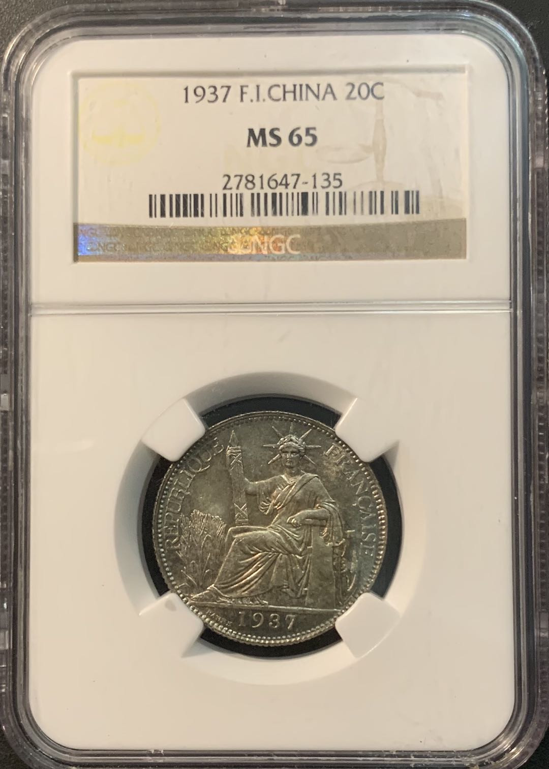 紫瑗钱币—微拍第78期  法属印度支那 1937年 20分 NGC MS65