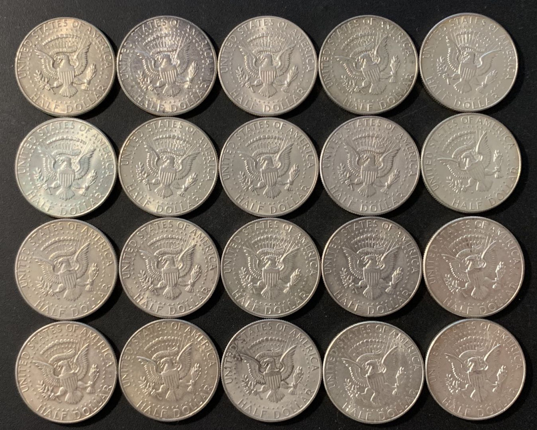 紫瑗钱币—微拍第78期  美国 1964年 肯尼迪 50分 银币 高银  20枚一组 共250克 0.9银