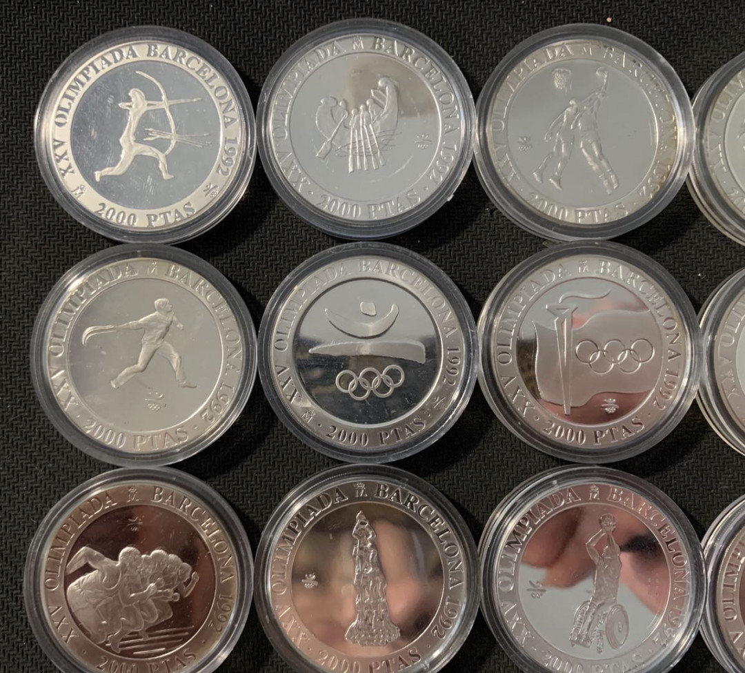 紫瑗钱币—微拍第78期  西班牙 1992年 巴塞罗娜奥运会 2000比塞塔 16枚全 共432克 0.925银 精制