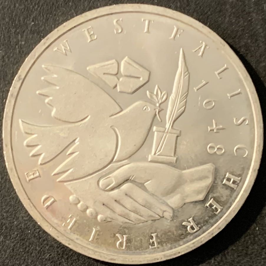 紫瑗钱币—微拍第78期  德国 1998年 J厂 威斯特法伦350周年 10马克 15.5克 0.925银 UNC