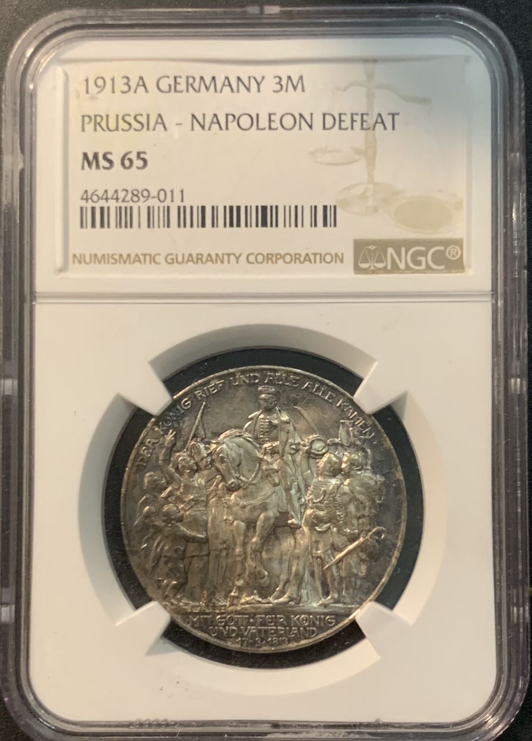 紫瑗钱币—微拍第78期  德国 普鲁士 1913年 普法战争 3马克 NGC MS65 