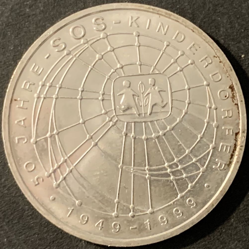 紫瑗钱币—微拍第78期  德国 1999年 J厂 SOS儿童村50周年 10马克 15.5克 0.925银