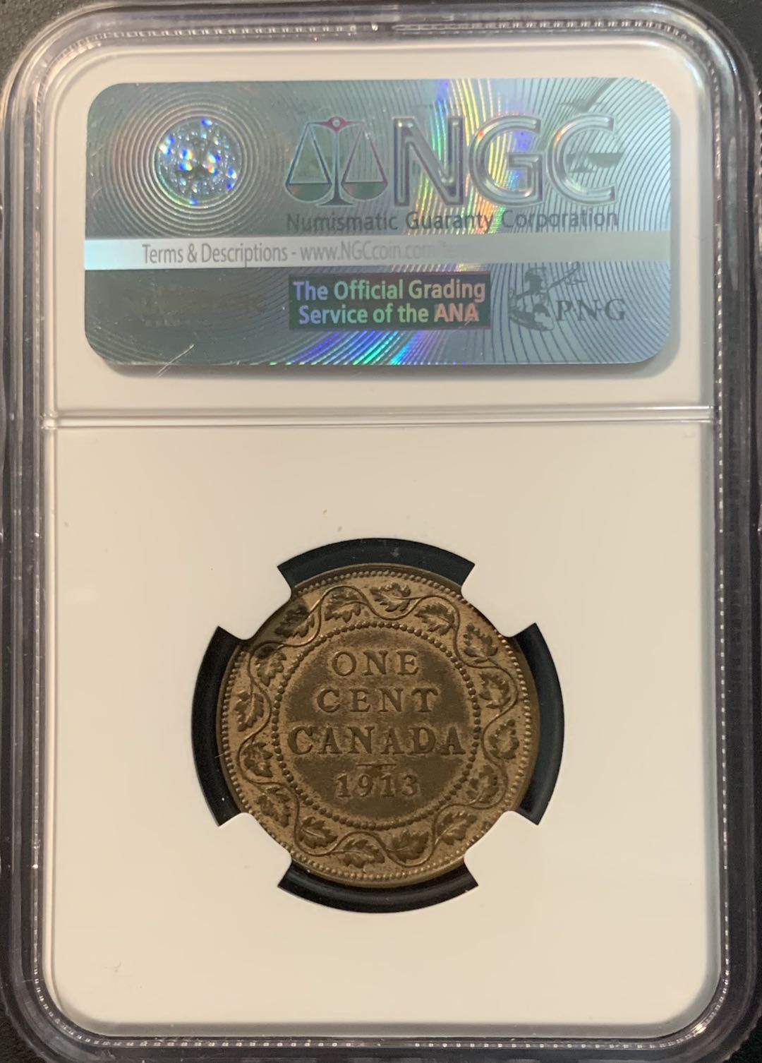 紫瑗钱币—微拍第78期  加拿大 1913年 乔治五世 1分 NGC AU58 BN