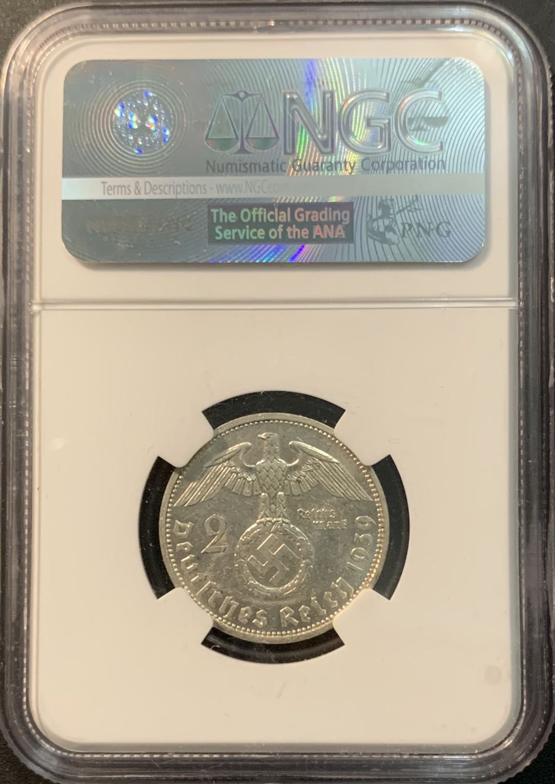 紫瑗钱币—微拍第78期  德国 1939年 J版 兴登堡 2马克 NGC MS61