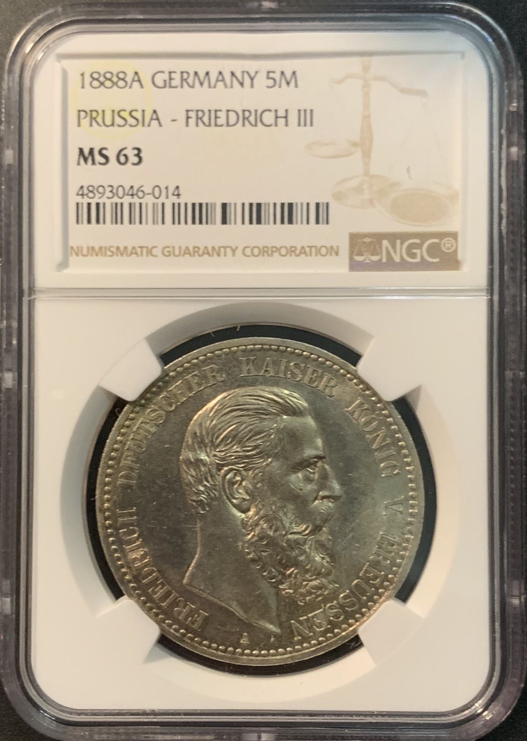 紫瑗钱币—微拍第78期  德国 普鲁士 1888年 弗里德里希三世 5马克 NGC MS63