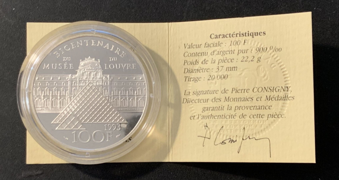 紫瑗钱币—微拍第78期  法国 1993年 卢浮宫 100法郎 22.2克 0.9银 精制 原盒证书