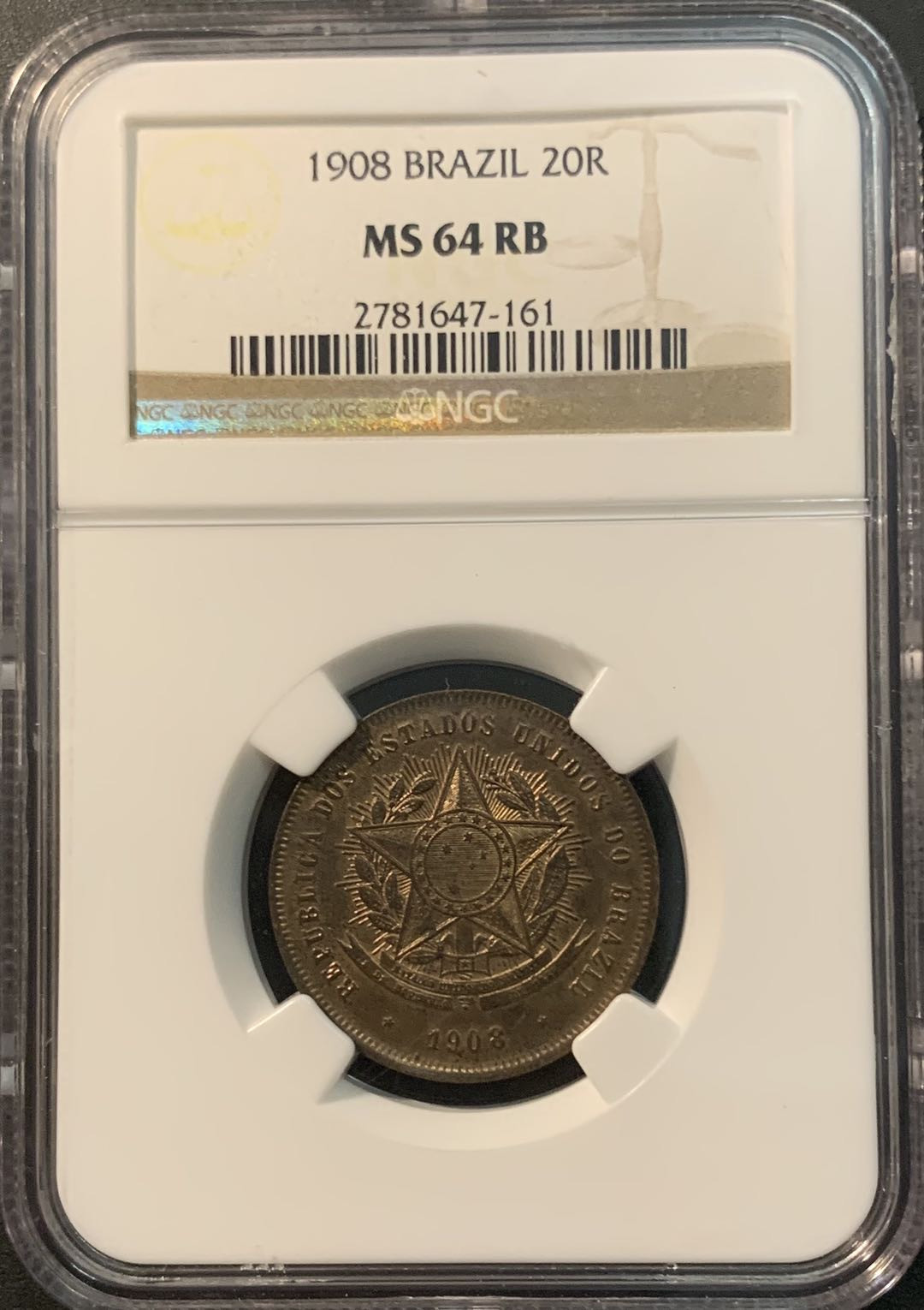 紫瑗钱币—微拍第78期  巴西 1908年 20瑞尔 铜币 NGC MS64 RB