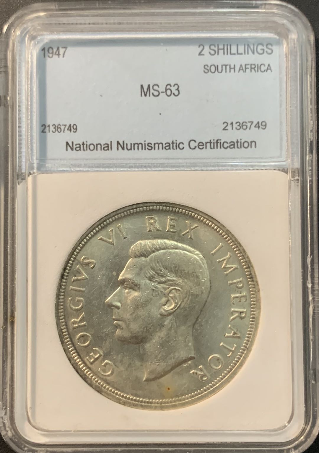 紫瑗钱币—微拍第78期  南非 1947年 乔六 羚羊 5先令 28.28克 0.8银 NNC MS63