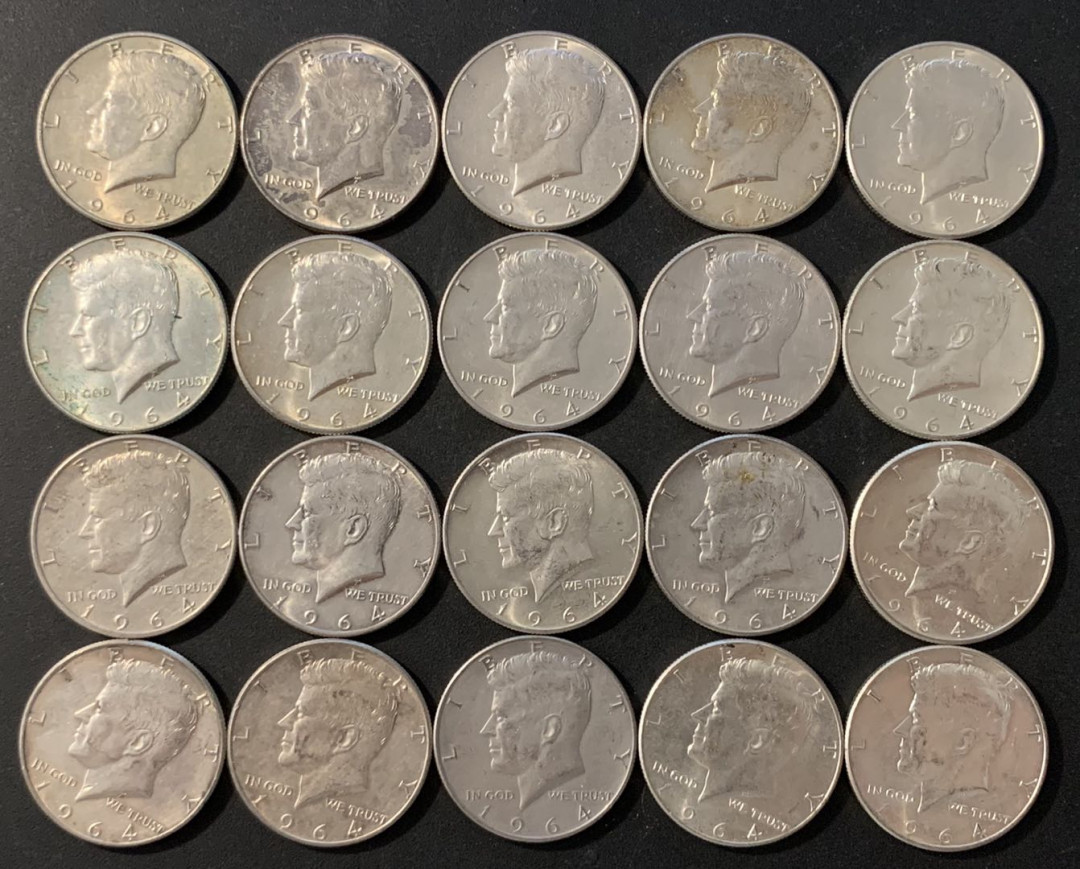 紫瑗钱币—微拍第78期  美国 1964年 肯尼迪 50分 银币 高银  20枚一组 共250克 0.9银