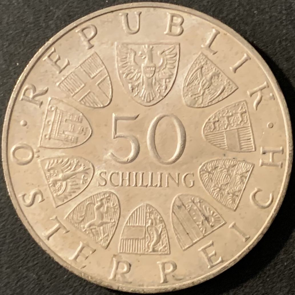 紫瑗钱币—微拍第78期  奥地利 1970年 因斯布鲁克大学300周年 50先令 20克  0.9银 UNC