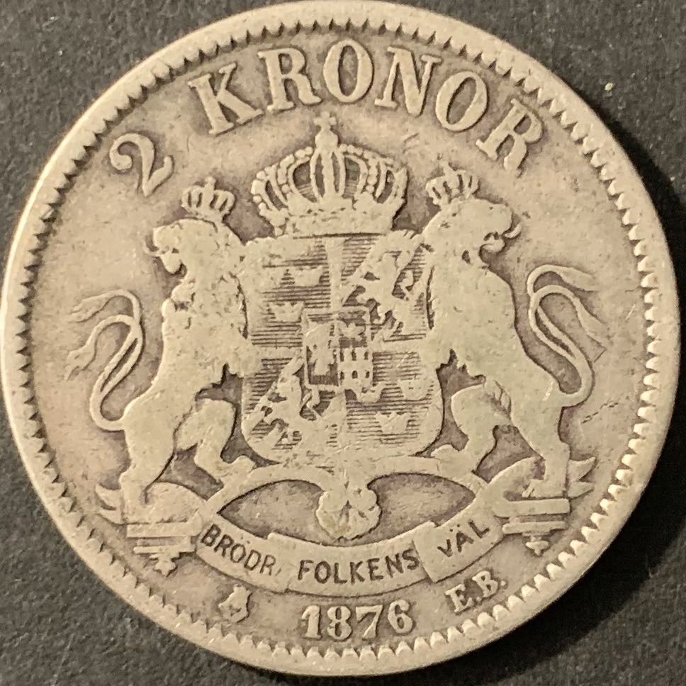 紫瑗钱币—微拍第78期  瑞典 1876年 奥斯卡二世 2克朗 银币 15克 0.8银 少见年份