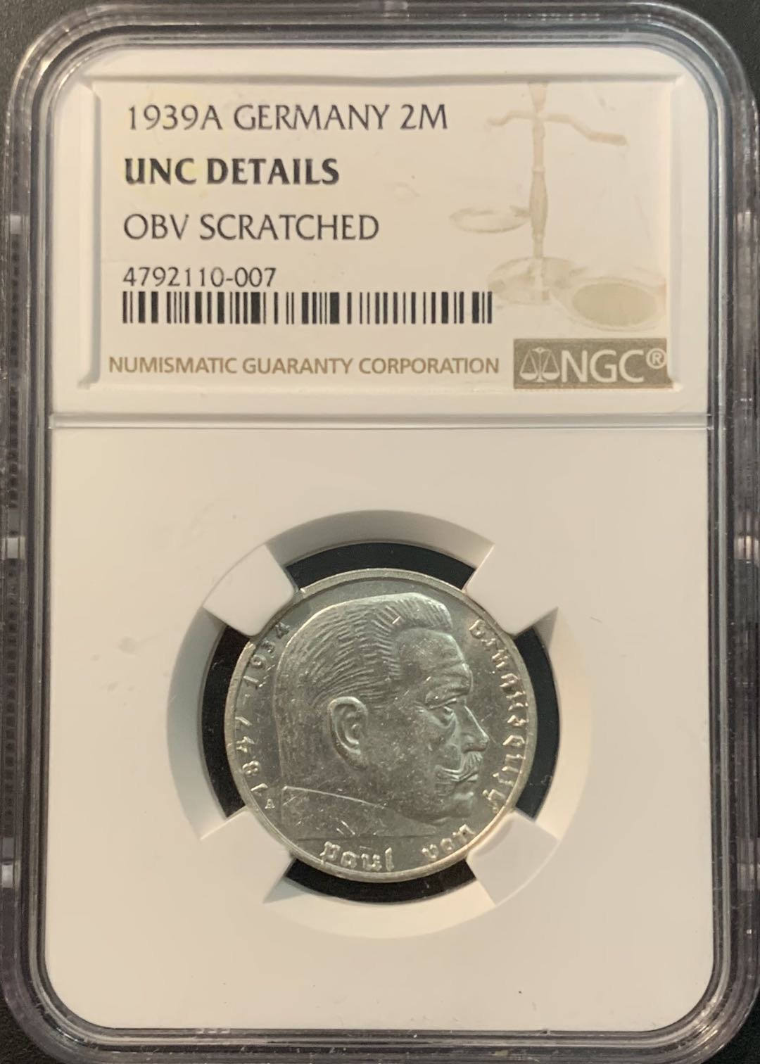 紫瑗钱币—微拍第78期  德国 1939年 A版 兴登堡 2马克 NGC UNC Detail