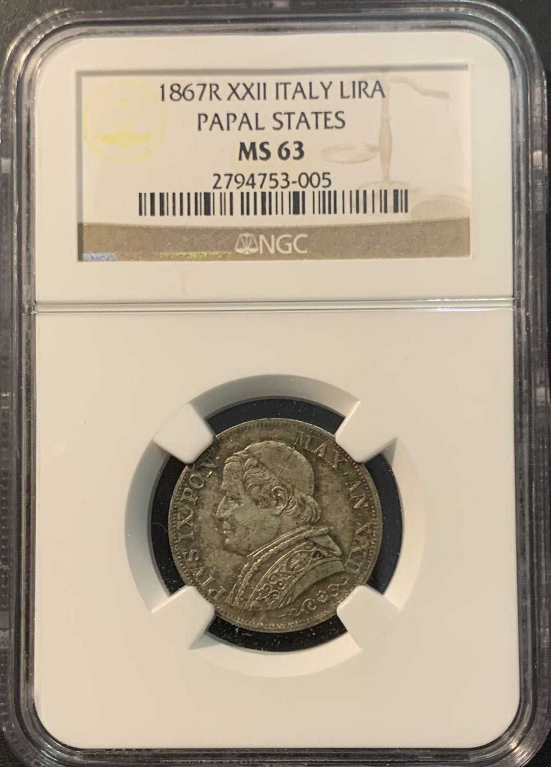 紫瑗钱币—微拍第78期  教皇国 1967年 1里拉 银币 NGC MS 63