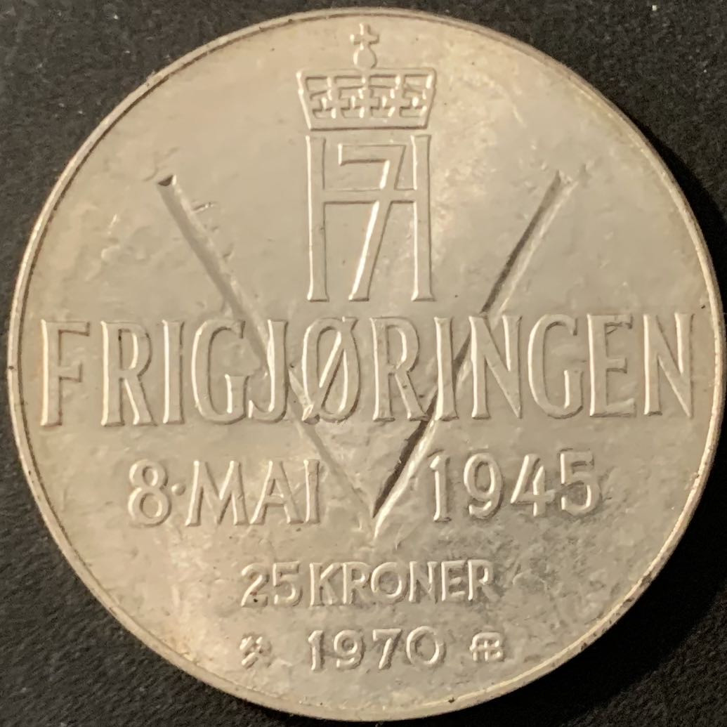 紫瑗钱币—微拍第78期  挪威 1970年 二战胜利25周年 25克朗 29克 0.875银 BU