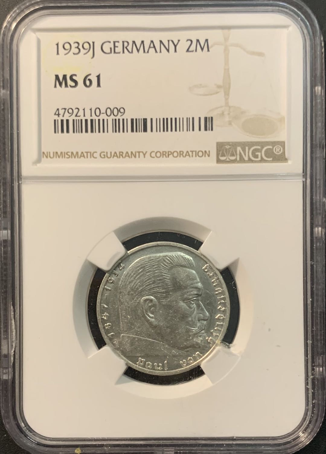 紫瑗钱币—微拍第78期  德国 1939年 J版 兴登堡 2马克 NGC MS61