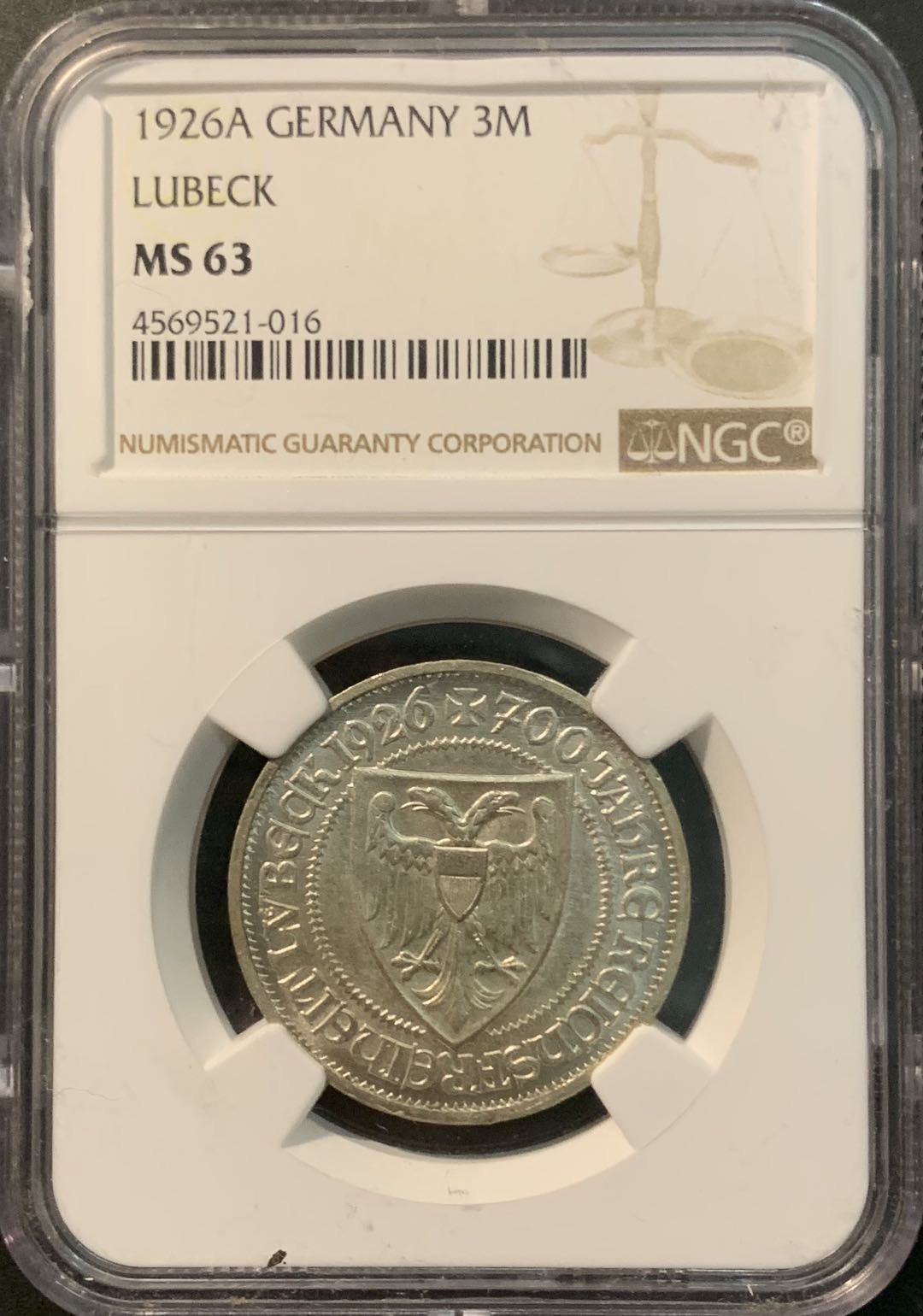 紫瑗钱币—微拍第78期  德国 1926年 吕贝克700年的自由 3马克 NGC MS63