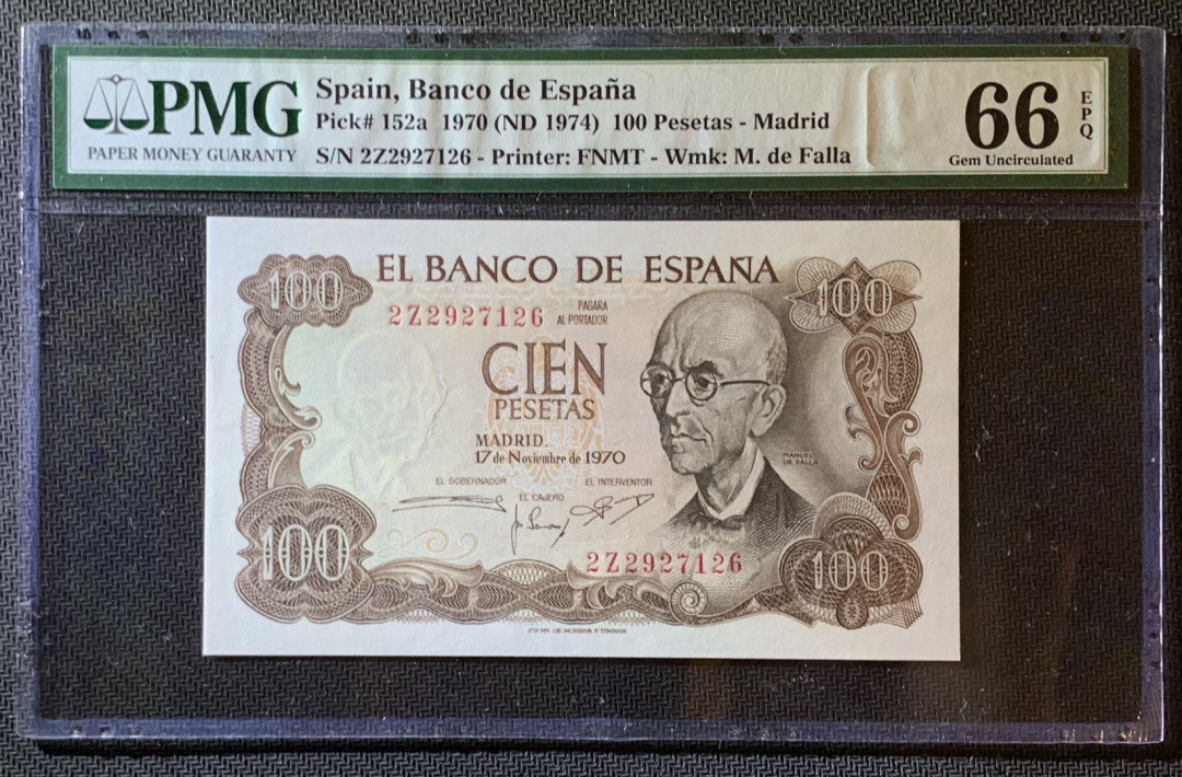 紫瑗钱币—微拍第79期—纸币场 西班牙 1970（1974）年 100比塞塔 PMG 66 EPQ （P-152a）