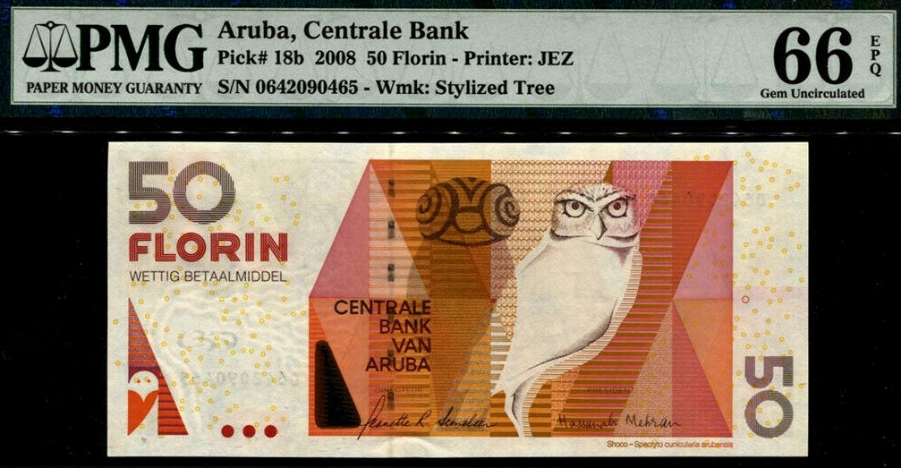 【收藏联盟】第149期拍卖——法兰西宠儿（共60拍） 阿鲁巴 2008年50弗罗林 猫头鹰 底纹非常漂亮 JEZ出品 PMG66EPQ