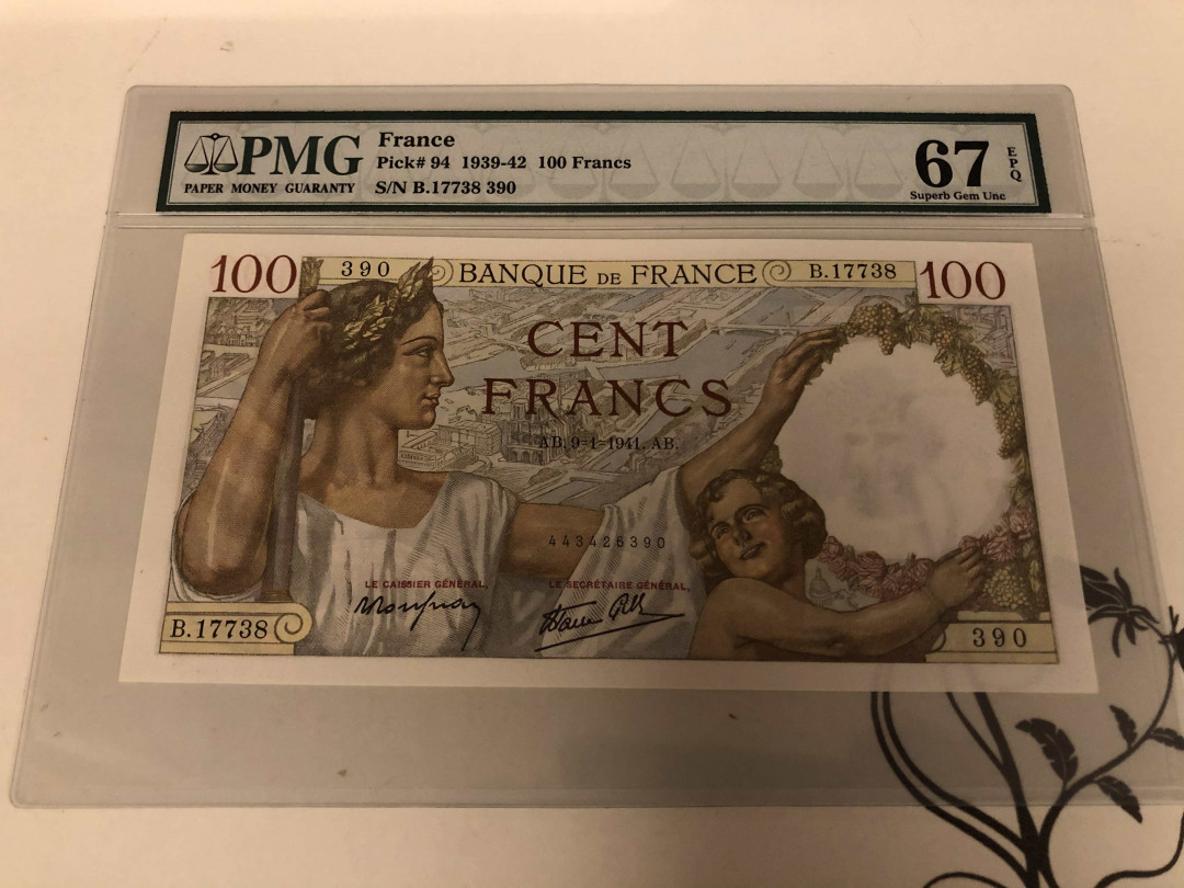 【收藏联盟】第149期拍卖——法兰西宠儿（共60拍） 法国 1939-42年 100法郎 PMG67EPQ