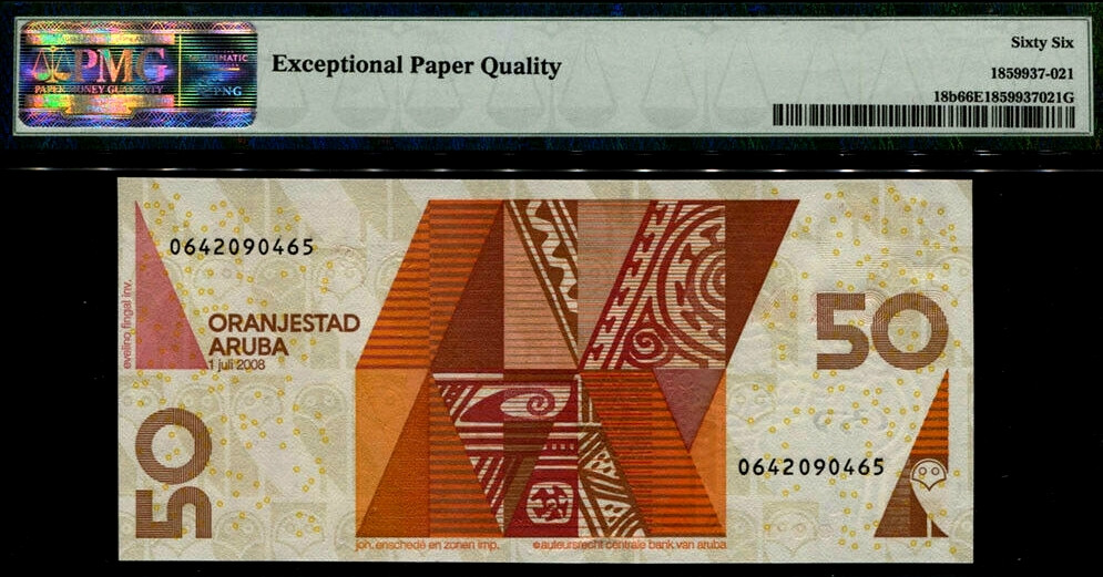 【收藏联盟】第149期拍卖——法兰西宠儿（共60拍） 阿鲁巴 2008年50弗罗林 猫头鹰 底纹非常漂亮 JEZ出品 PMG66EPQ