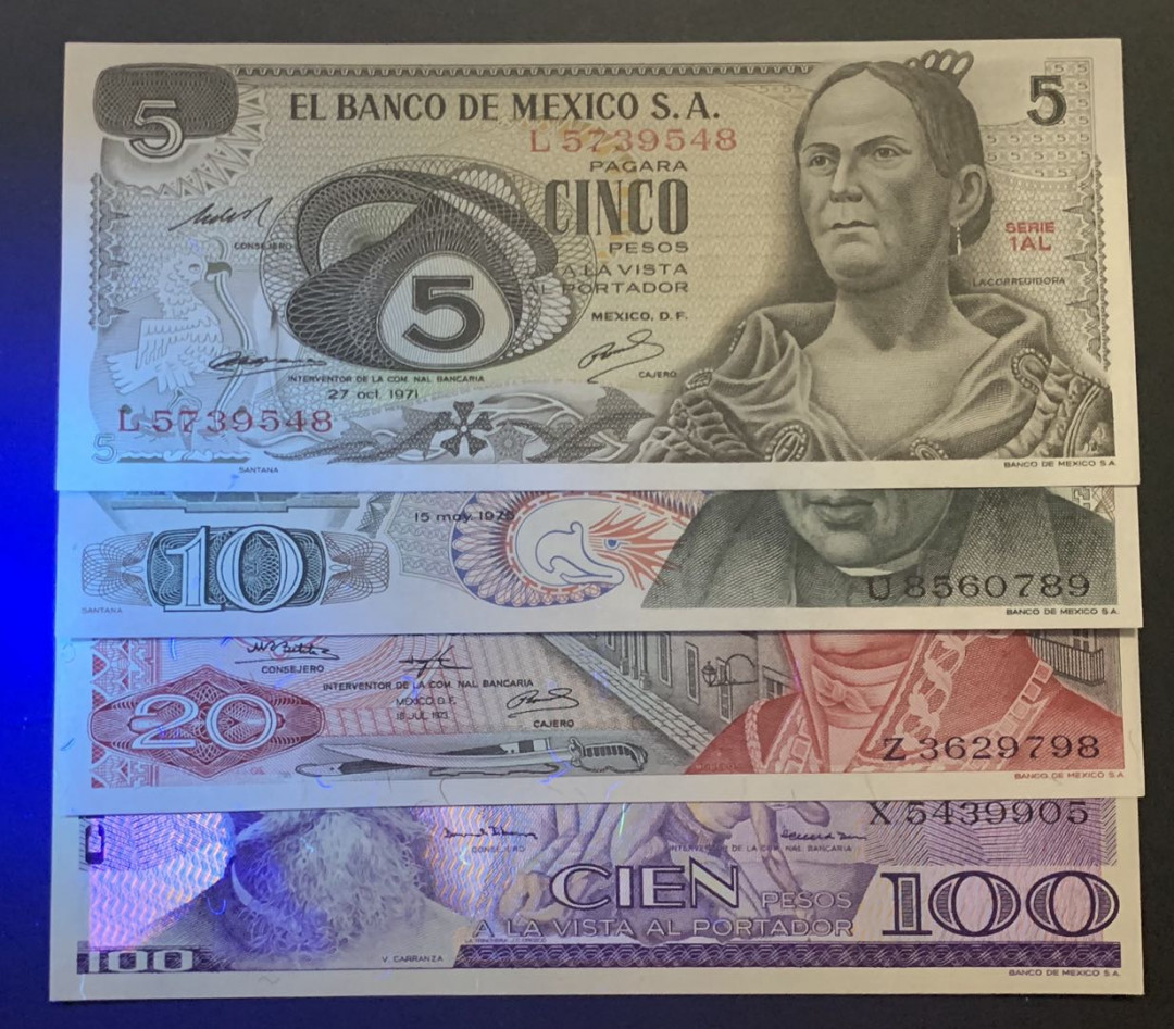 紫瑗钱币—微拍第81期—纸币场 墨西哥 70—80年代  5 10 20 100比索 4枚一套 UNC