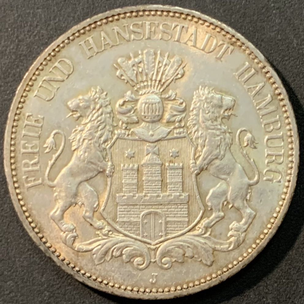 紫瑗钱币—微拍第80期  德国 汉堡 1913年 5马克 27.78克 0.9银 UNC