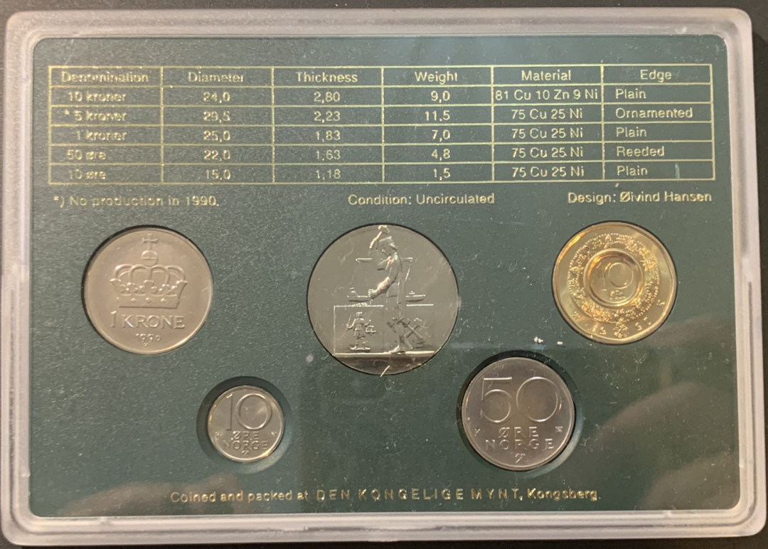紫瑗钱币—微拍第80期  挪威 1990年 10欧尔—10克朗 5枚套 原厂盒 带纪念币
