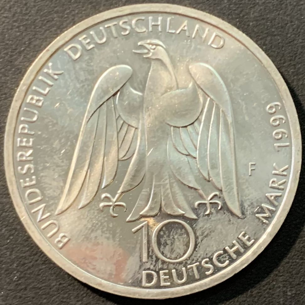 紫瑗钱币—微拍第80期  德国 1999年 F厂 歌德诞辰250周年 10马克 15.5克 0.925银 UNC