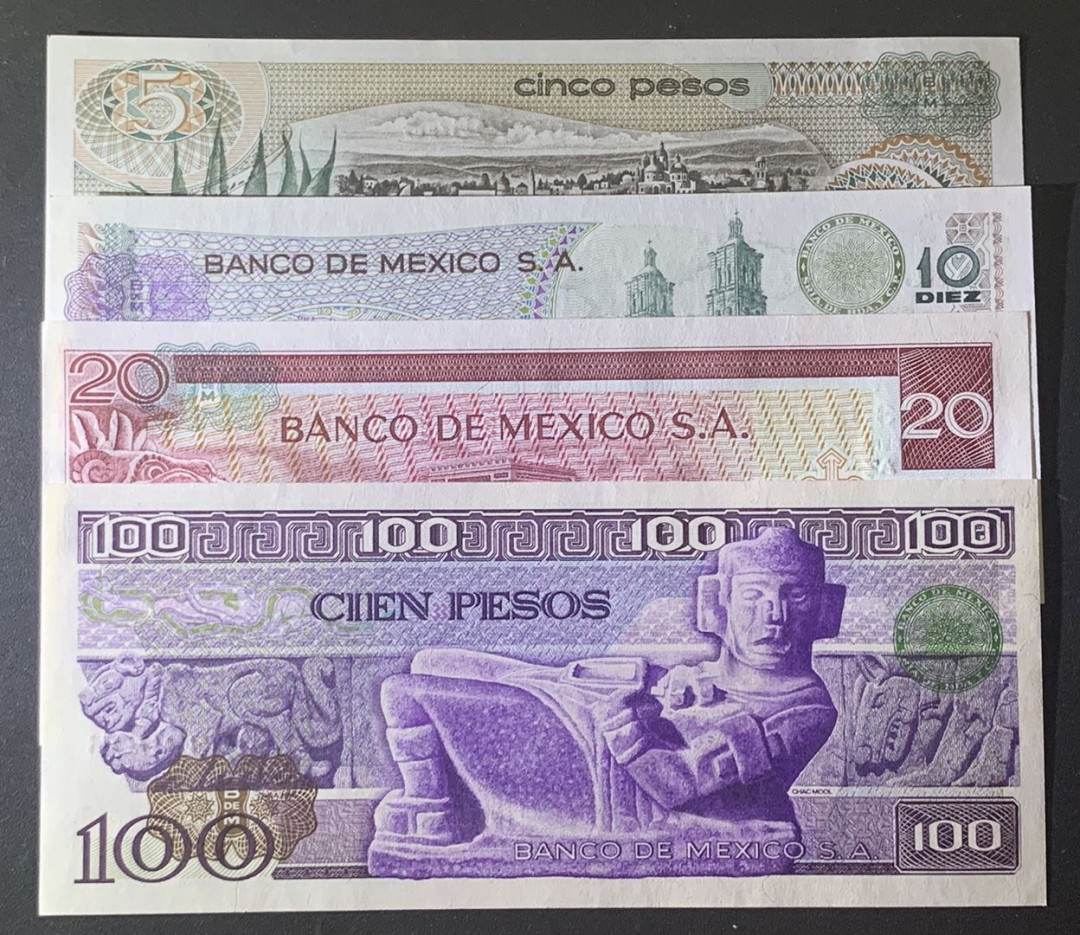紫瑗钱币—微拍第81期—纸币场 墨西哥 70—80年代  5 10 20 100比索 4枚一套 UNC