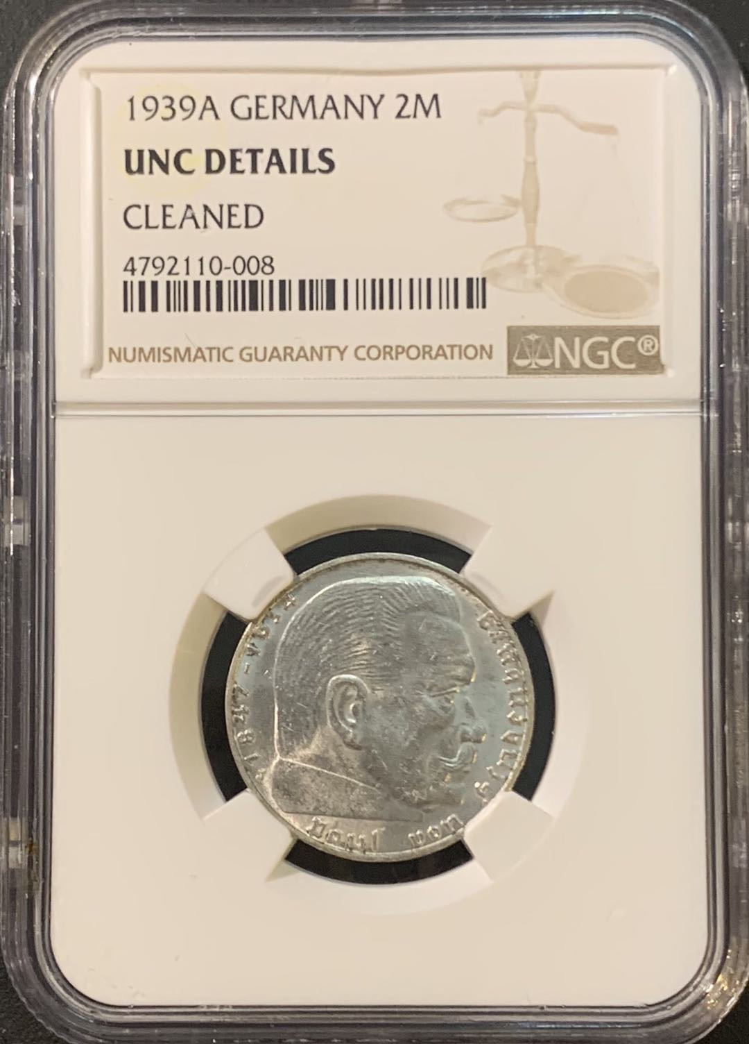 紫瑗钱币—微拍第80期  德国 1939年 A版 兴登堡 2马克 NGC UNC Detail