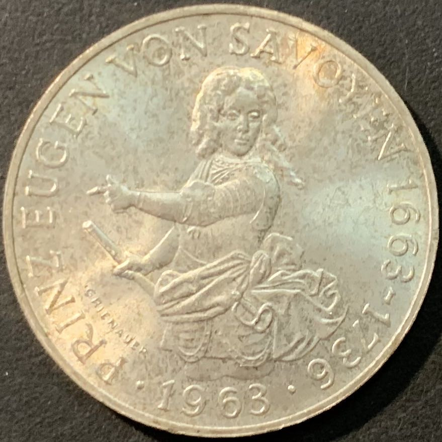 紫瑗钱币—微拍第80期  奥地利 1963年 欧根亲王诞辰300周年 25先令 13克 0.8银 UNC