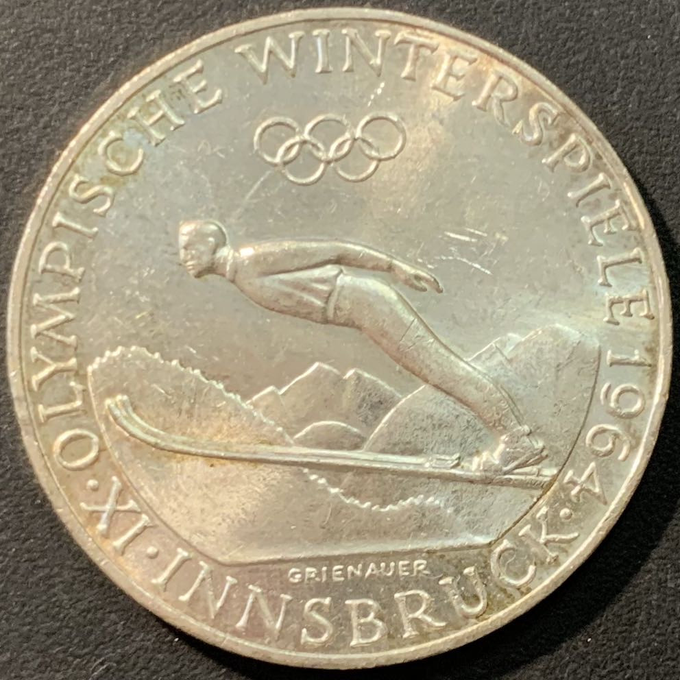 紫瑗钱币—微拍第80期  奥地利 1964年 因斯布鲁克冬奥会 高台滑雪 50先令 20克 0.9银 UNC