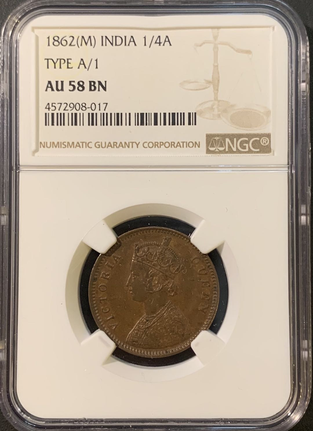 紫瑗钱币—微拍第80期  英属印度  1862年 维都利亚 1/4安娜 NGC AU58 BN