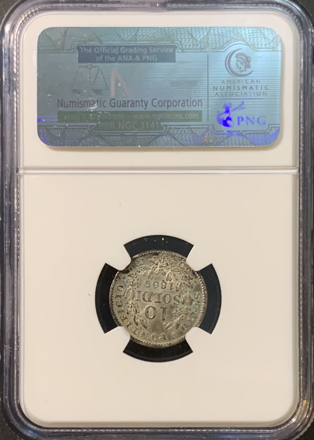 紫瑗钱币—微拍第80期  意大利 教皇国 1869年 10S 银币 NGC MS61