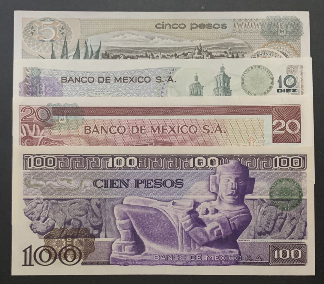 紫瑗钱币—微拍第81期—纸币场 墨西哥 70—80年代  5 10 20 100比索 4枚一套 UNC