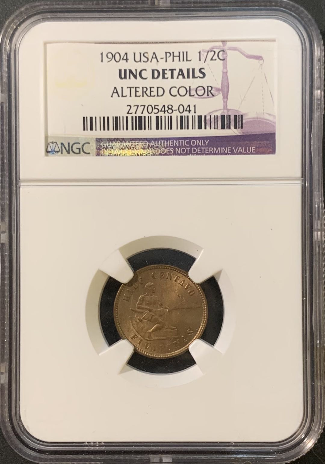 紫瑗钱币—微拍第80期  美属菲律宾 1904年 火山与船夫 1/2分 NGC UNC Detail