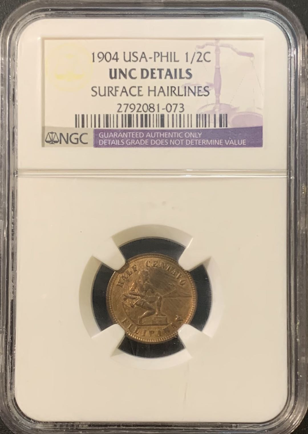 紫瑗钱币—微拍第80期  美属菲律宾 1904年 火山与船夫 1/2分 NGC UNC Detail