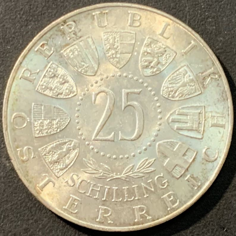 紫瑗钱币—微拍第80期  奥地利 1958年 化学家奥尔诞辰100周年 25先令 13克 0.8银