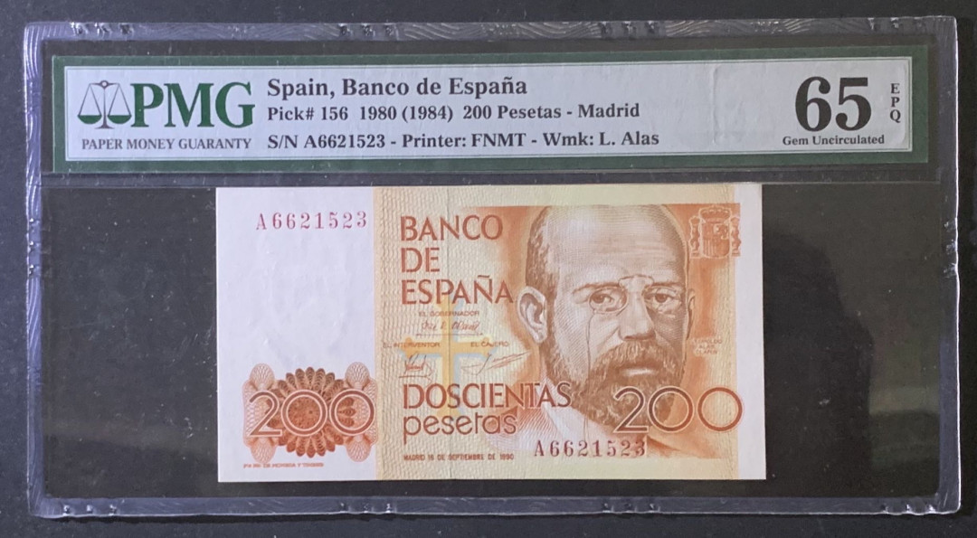紫瑗钱币—微拍第81期—纸币场 西班牙 1980（1984）年  200比塞塔 PMG 65 EPQ (P-156)