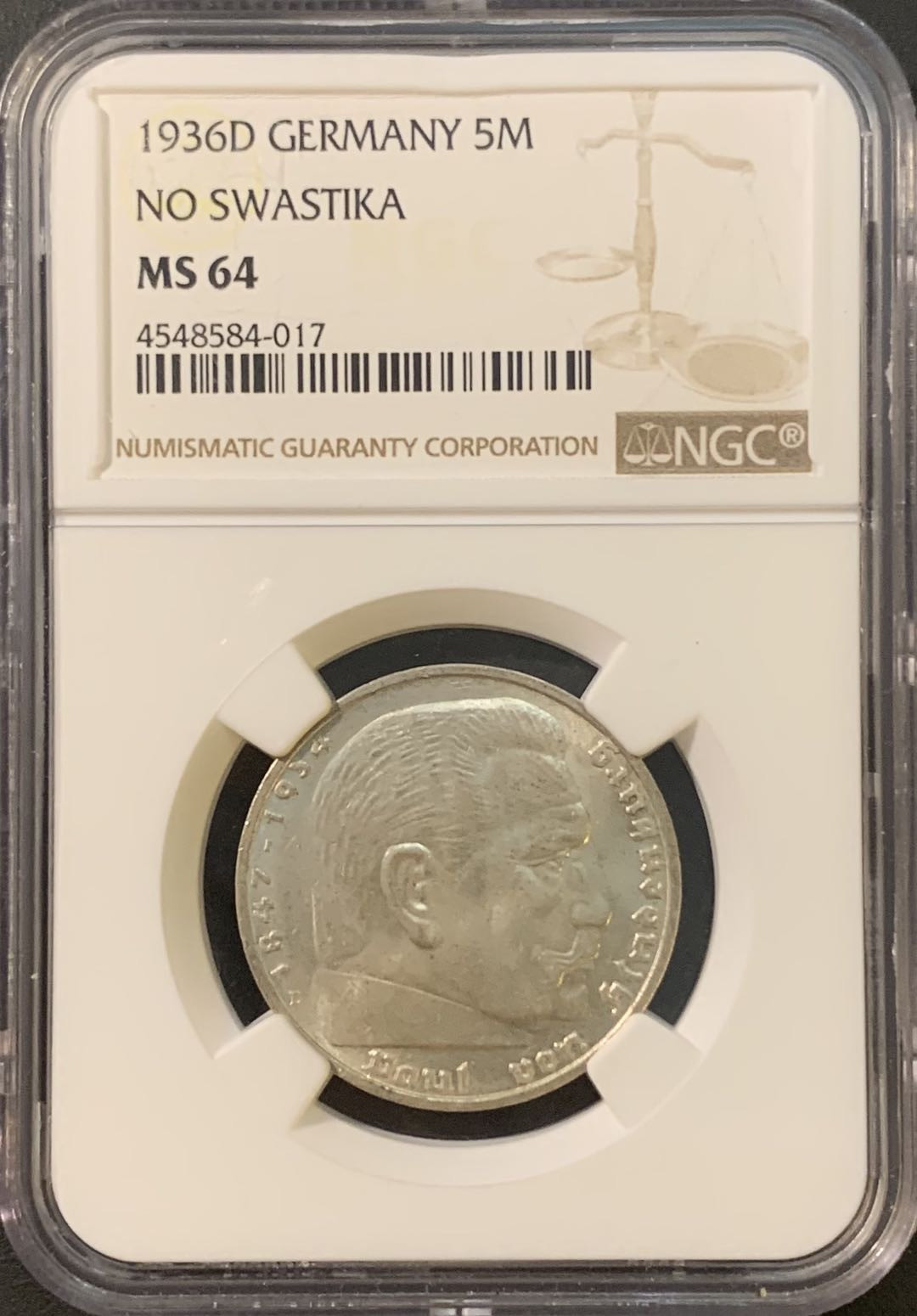 紫瑗钱币—微拍第80期  德国 1936年 D版 兴登堡 5马克 NGC MS64