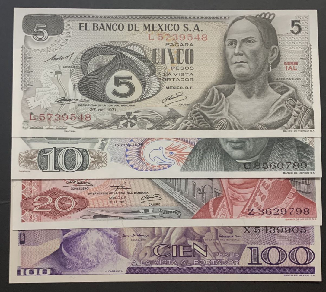 紫瑗钱币—微拍第81期—纸币场 墨西哥 70—80年代  5 10 20 100比索 4枚一套 UNC