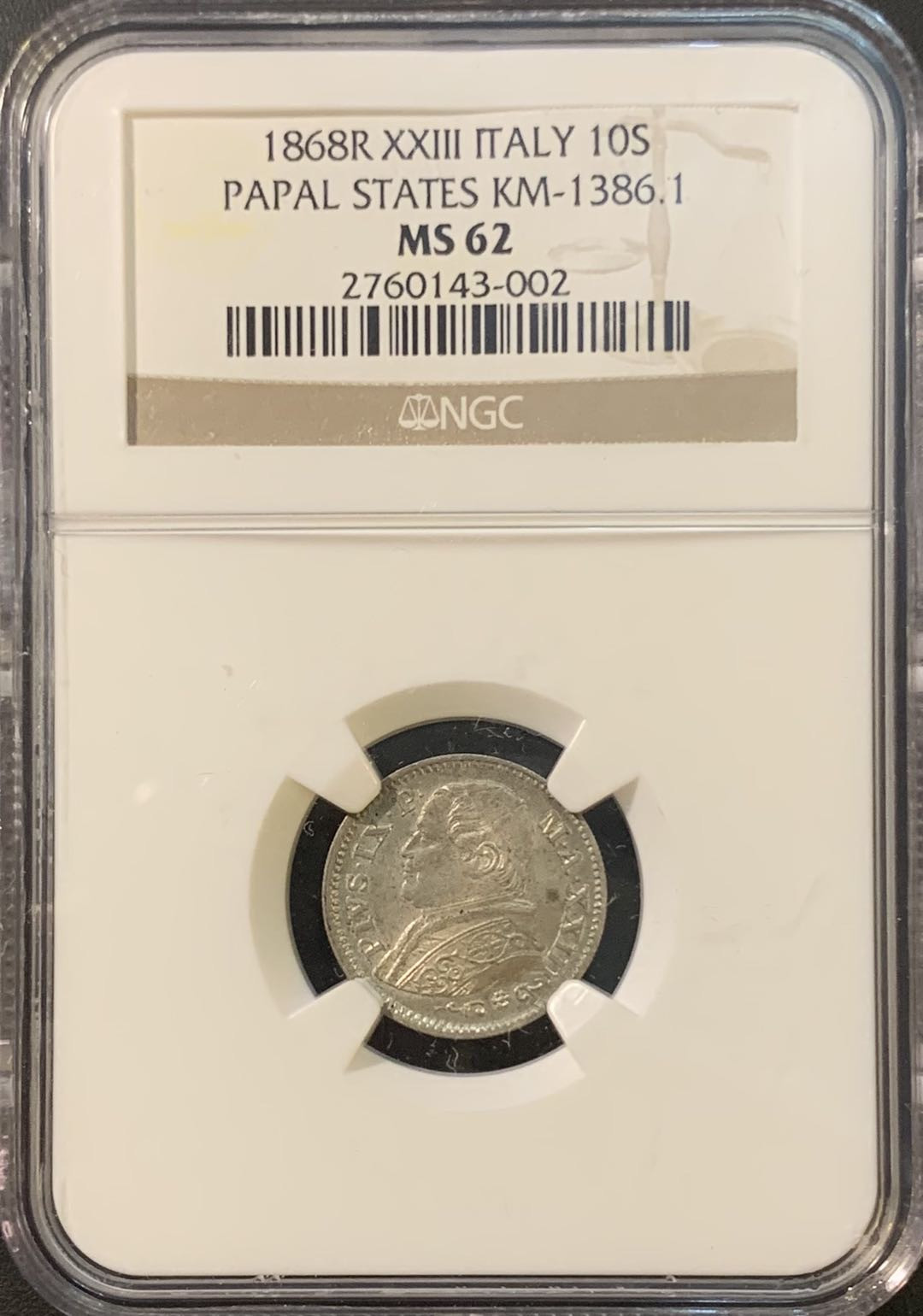 紫瑗钱币—微拍第80期  意大利 教皇国 1868年 10S 银币 NGC MS62