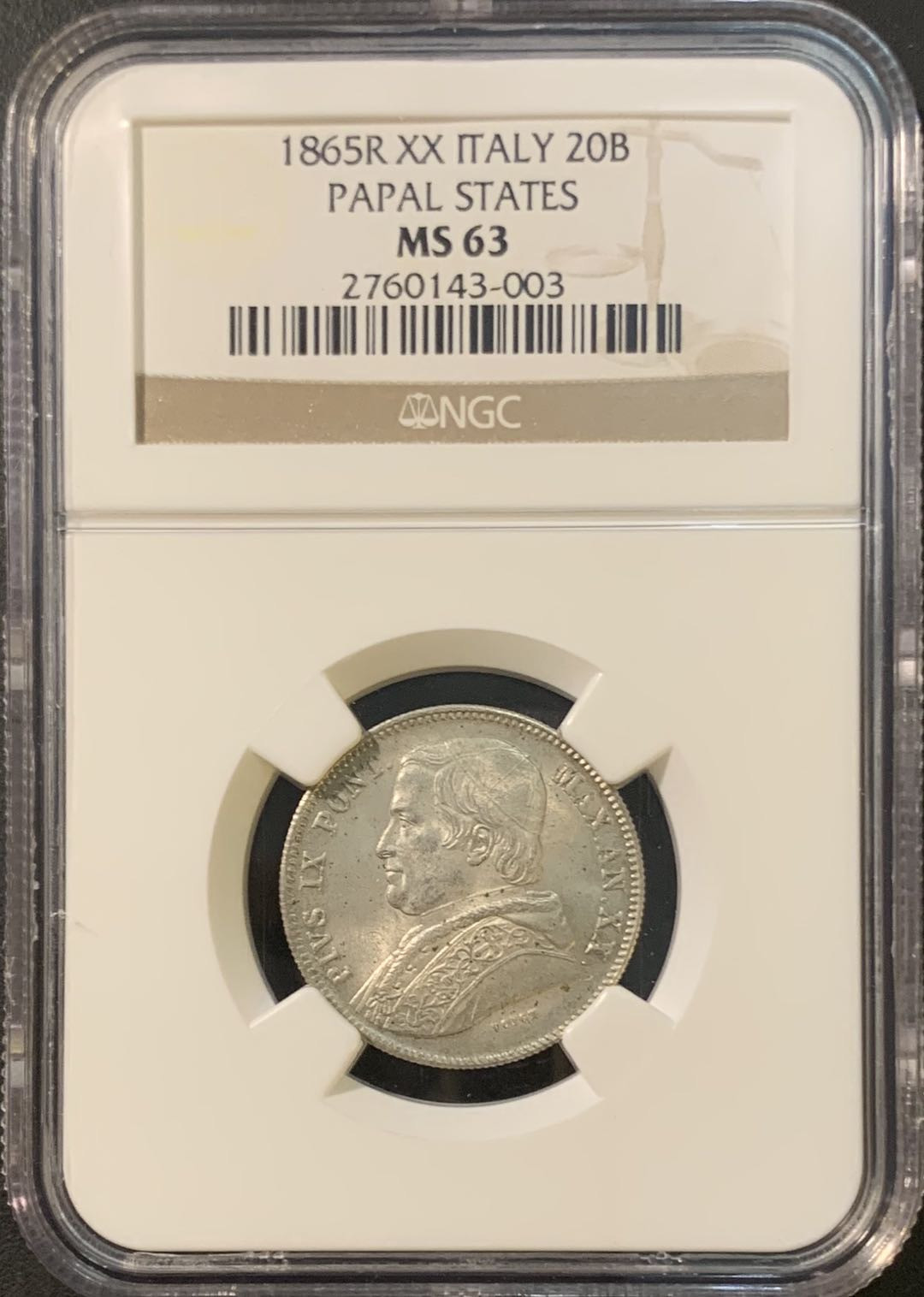 紫瑗钱币—微拍第80期  意大利 教皇国 1865年 20B 银币 NGC MS 63