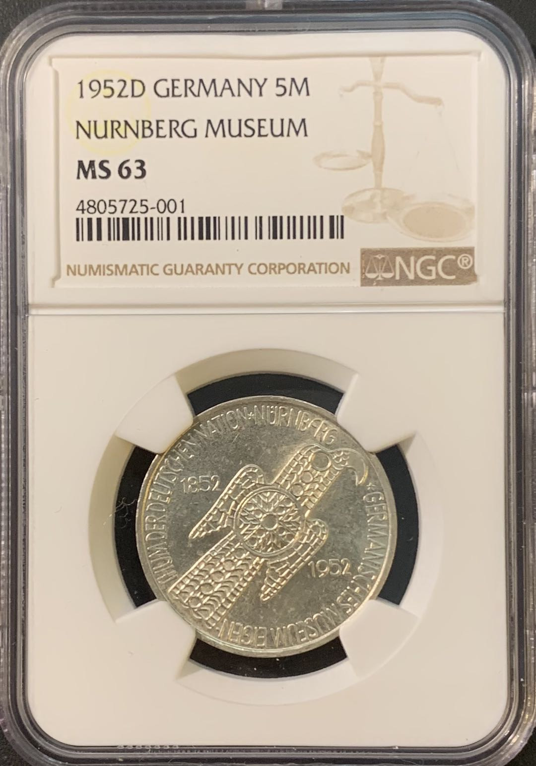 紫瑗钱币—微拍第80期  德国 1952年 纽伦堡博物馆 5马克 NGC MS63 总筋