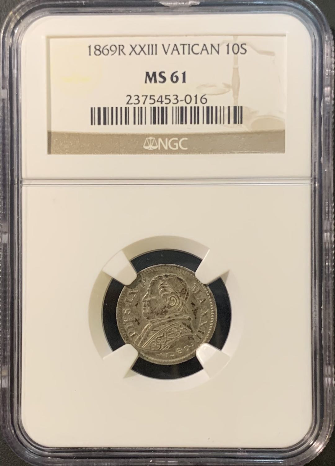 紫瑗钱币—微拍第80期  意大利 教皇国 1869年 10S 银币 NGC MS61
