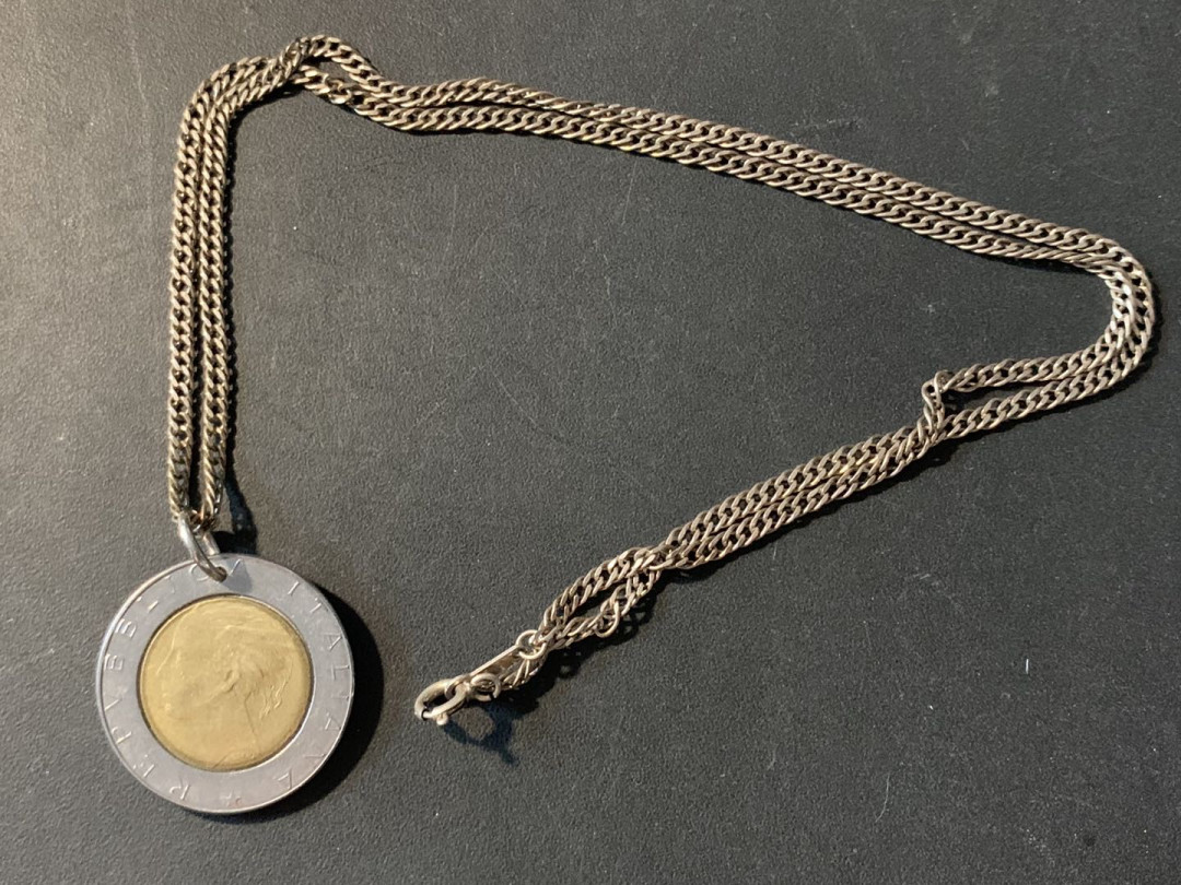 紫瑗钱币—微拍第80期  意大利 500里拉 钱币项链 925银链子 共12.5克