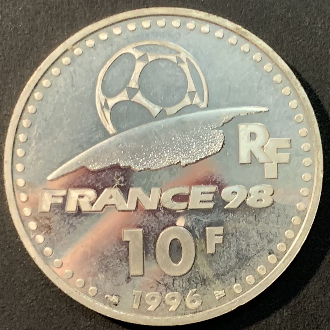 紫瑗钱币—微拍第80期  法国 1996年 98法国世界杯 进球 10法郎 21.16克 0.9银 精制