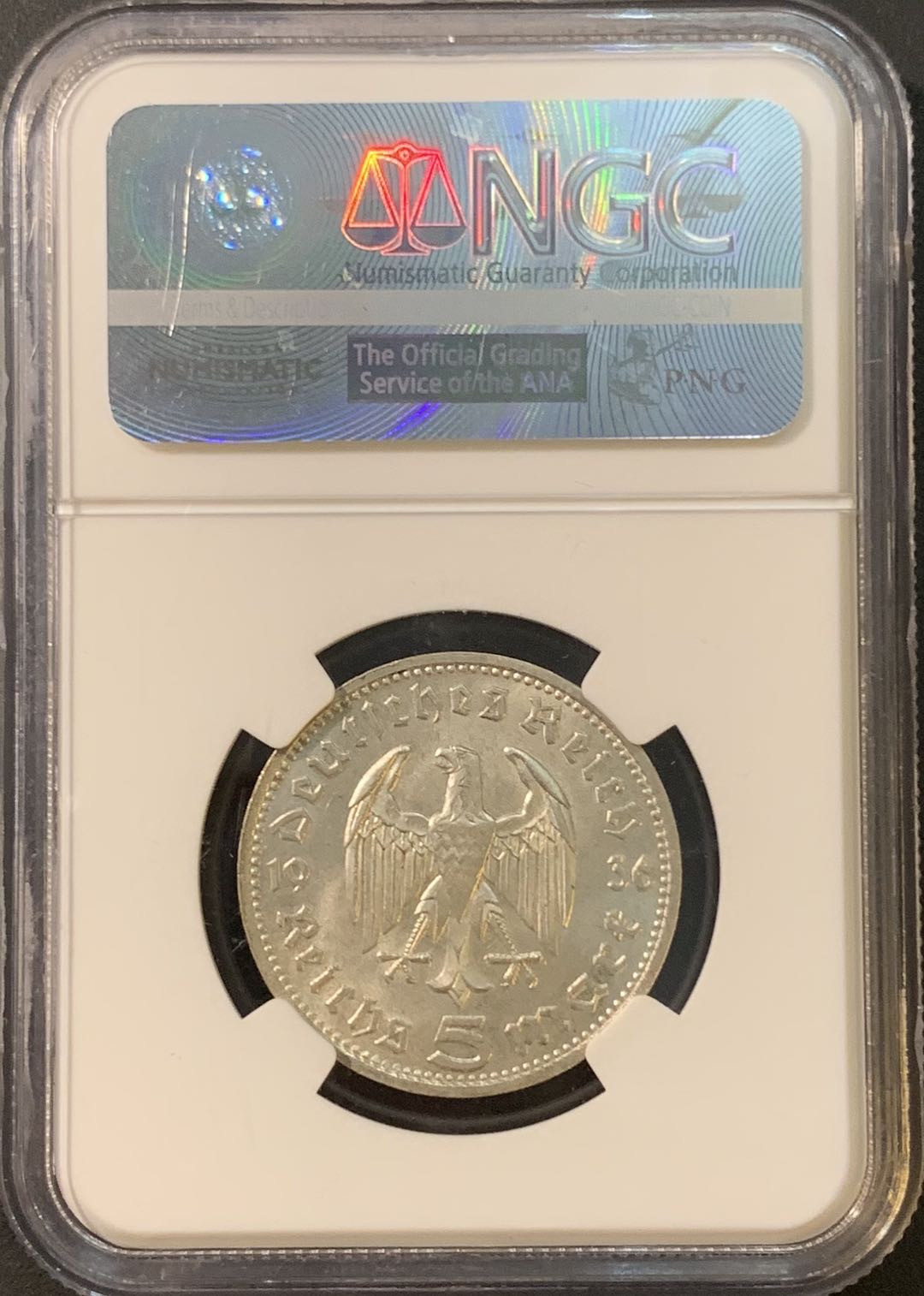 紫瑗钱币—微拍第80期  德国 1936年 D版 兴登堡 5马克 NGC MS64