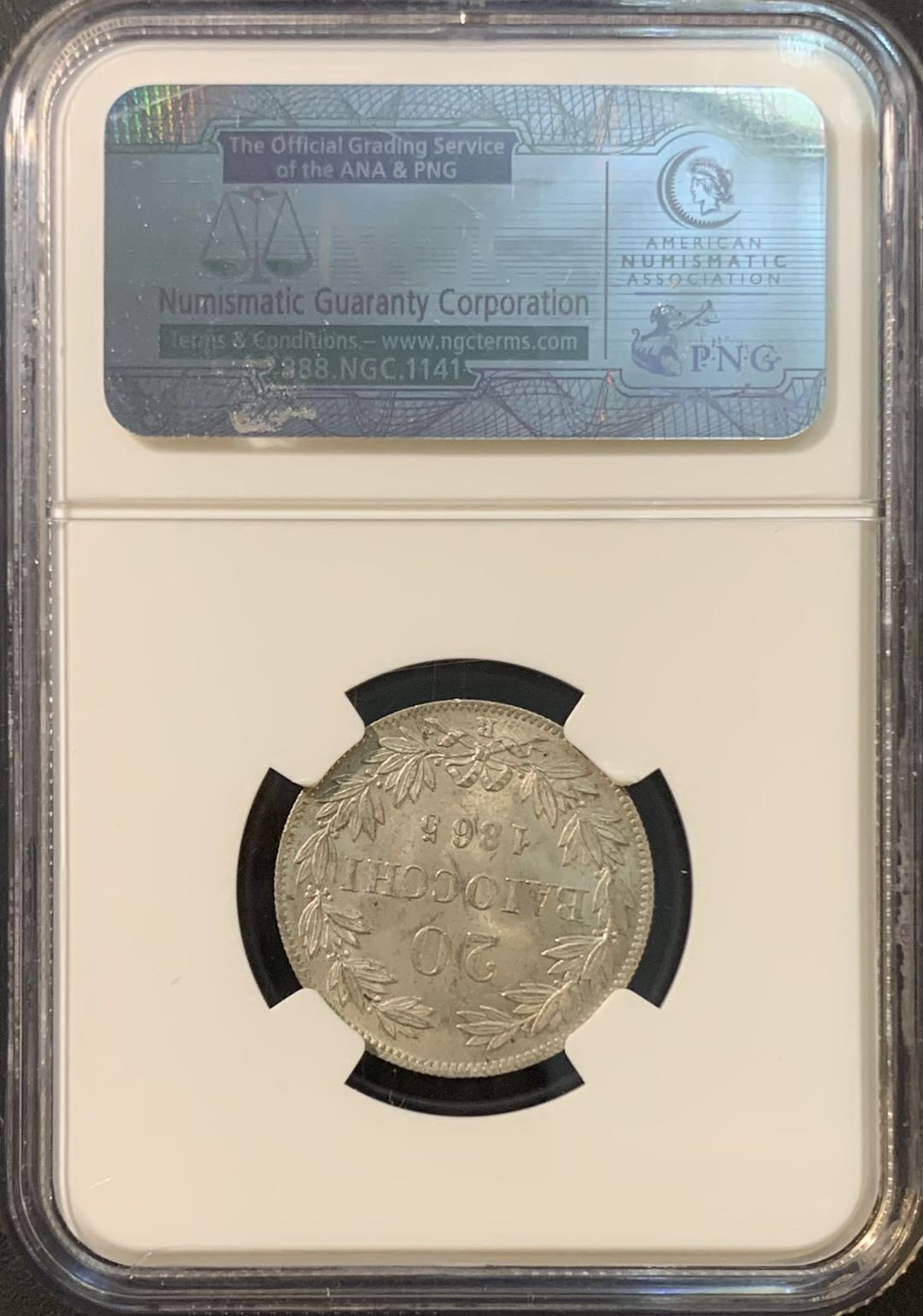 紫瑗钱币—微拍第80期  意大利 教皇国 1865年 20B 银币 NGC MS 63